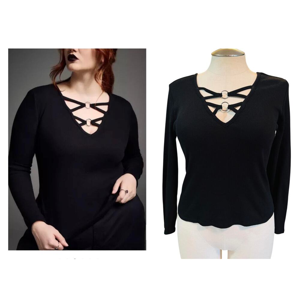 Torrid 0 (0X size 12) Nightfall Black Strappy O-Ring Long Sleeve Top Crop Length
